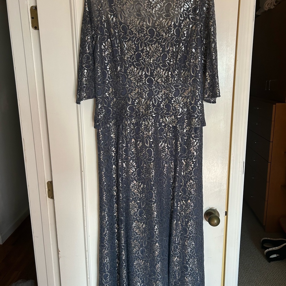 Lavender/Grey 3/4 Sleeve Gown with simple neckline. Elegant and comfortable.